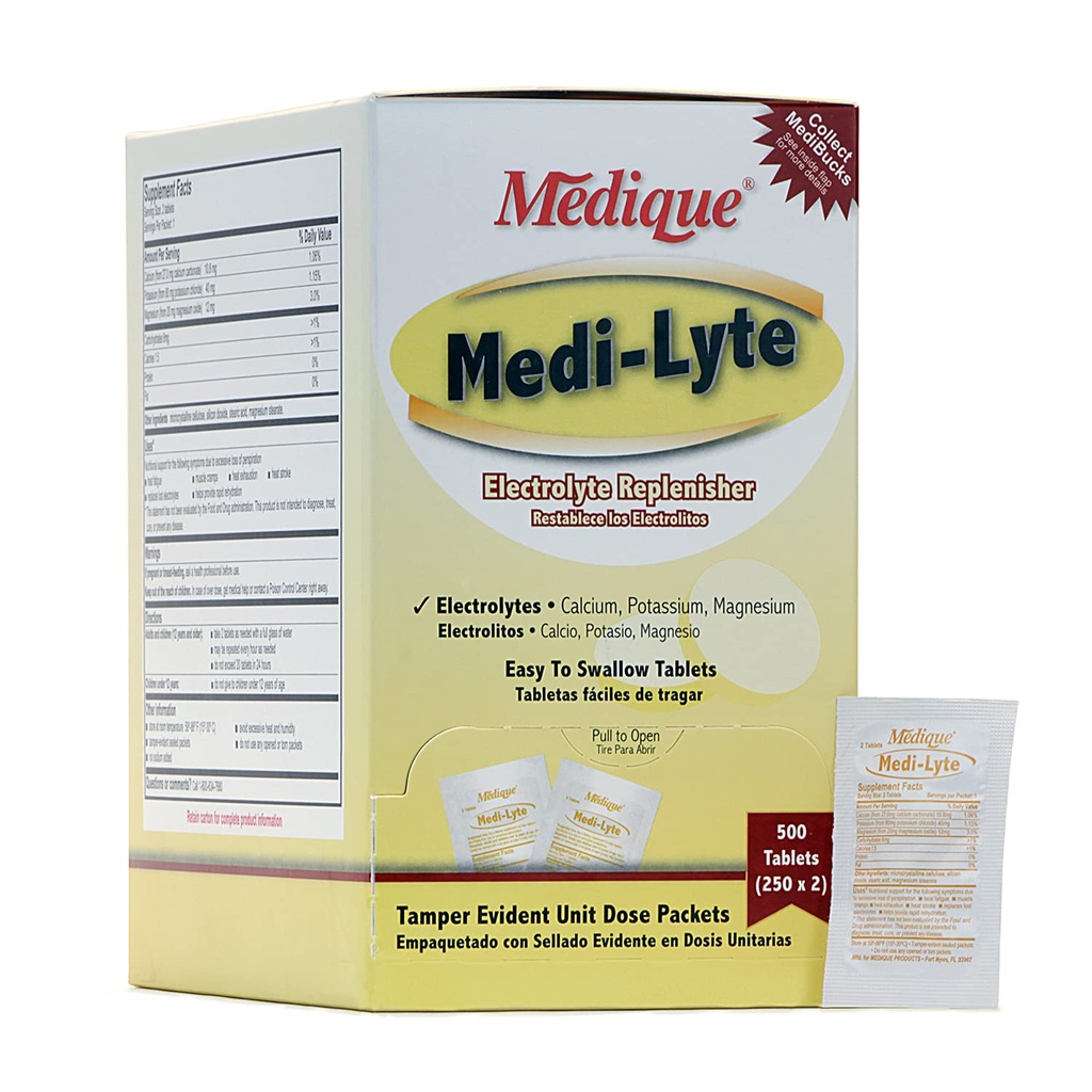 Medique Medi-Lyte Replenisher Eletrolítico, rápido alívio de calor, estresse, fadiga e Cramping muscular, comprimidos fáceis de engolir, 500 comprimidos (250 x 2)
