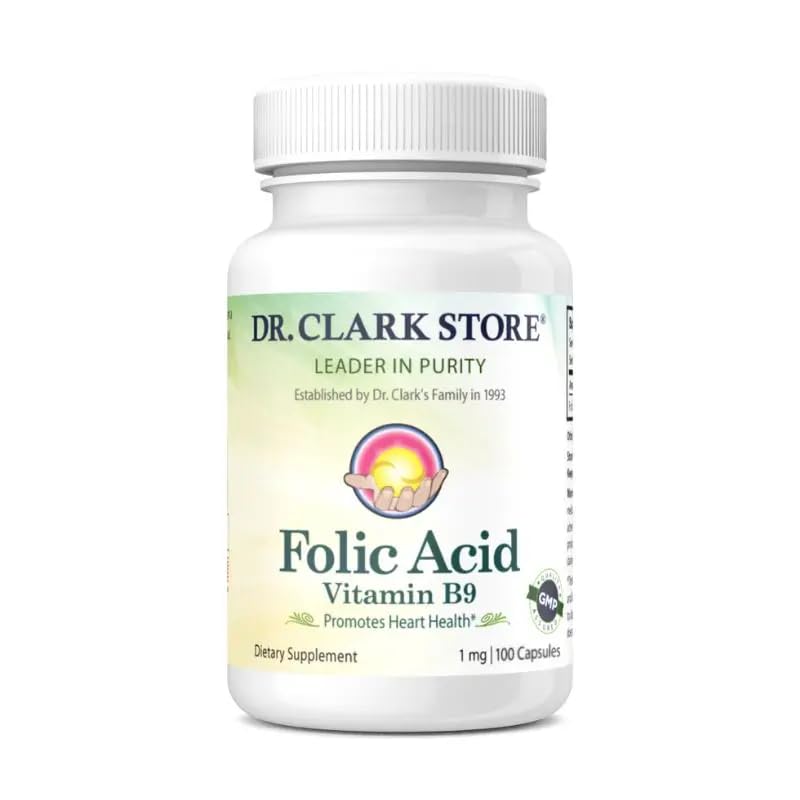 Dr. Clark Ácido Fólico (Vitamina B9) Suplemento – 1mg, 100 Cápsulas de Gelatina, Vitamina B essencial para a saúde diária