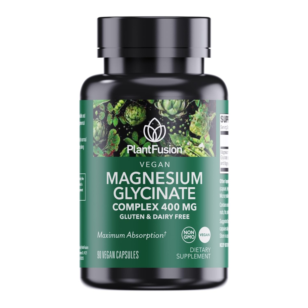 PlantFusion Vegan Magnesium Glycinate Complex 400 mg - alta absorção e biodisponibilidade - Quelante - Suporta relaxamento muscular, sono, saúde cardio, alívio de estresse e produção de energia - Não OGM