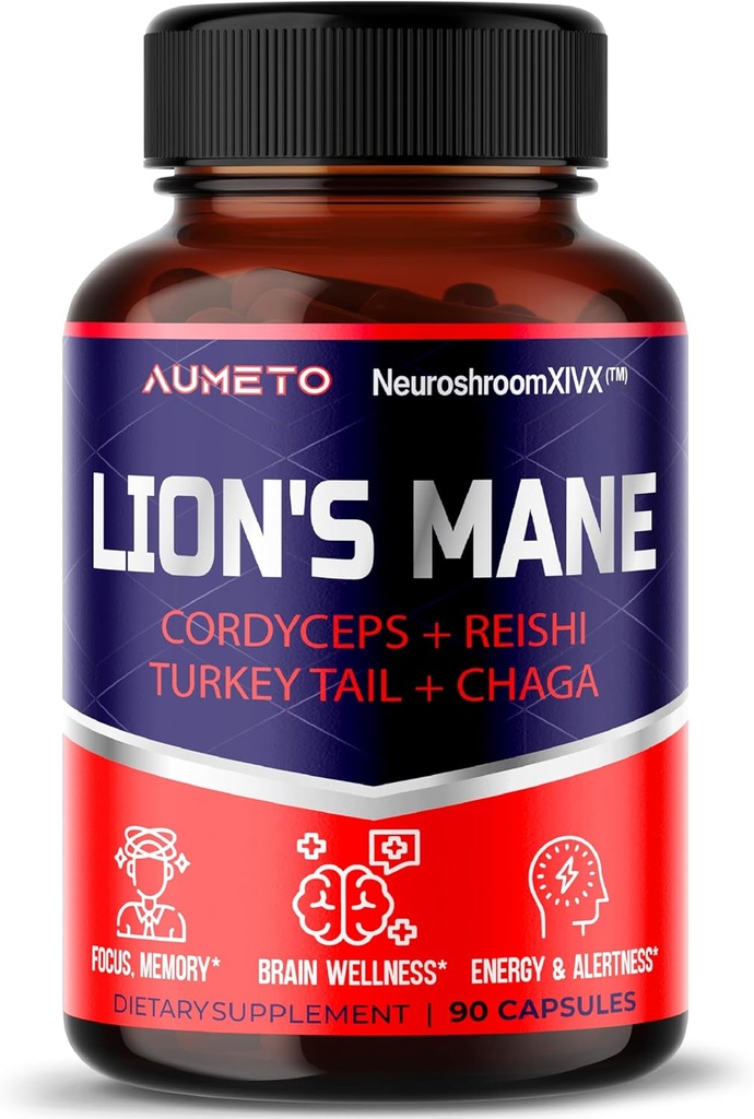 Leões Mane Suplemento Cápsulas 40% Polissacarídeos com Cordyceps, Reishi, Turkey Tail, Chaga Mushroom Complex - Cafeína-Free 18 em 1 Cérebro Suplemento para Memória e Foco