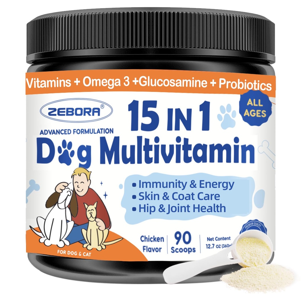 ZEBORA Dog Multivitamin Powder com glucosamina, Vitaminas e Suplementos para o Suporte Imune, Pele e Revestimento Suplemento com Omega 3 para alívio de alergia, Probióticos para Digestive & Gut Saúde