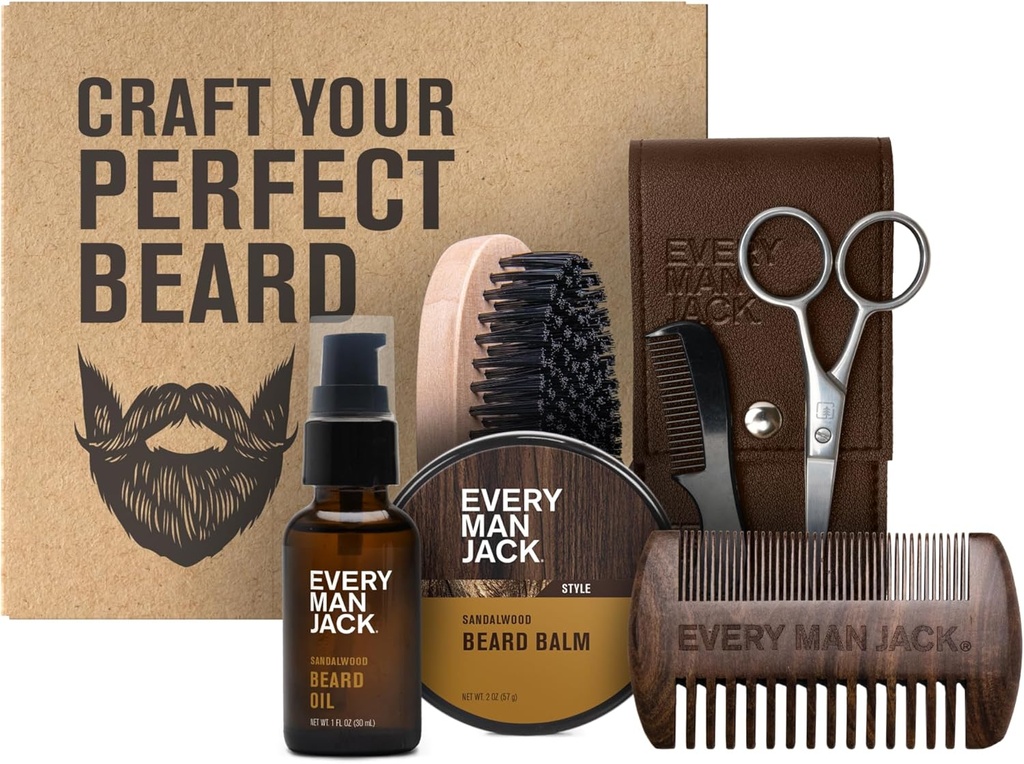 Cada homem Jack Barba Kit de arrumo para homens - inclui óleo de barba de sândalo e bálsamo de barba, escova de barba, madeira dupla face Comb, tesouras de aparar e pente de bigode