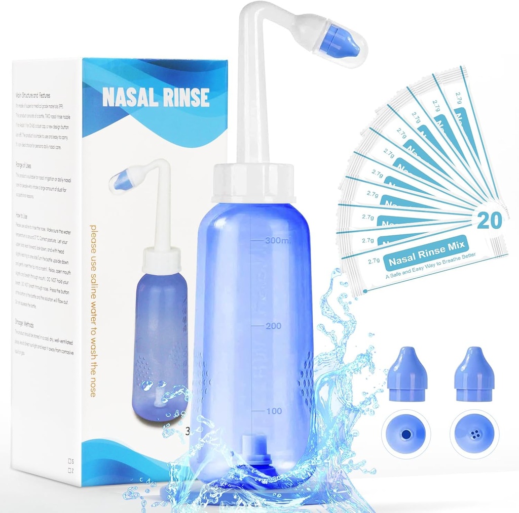 Neti Pot Sinse Garrafa - Nasal suave lavagem limpador de nariz garrafa para pressão eficaz Irrigatio 300 ML com 20 pacotes de sal de lavagem nasal