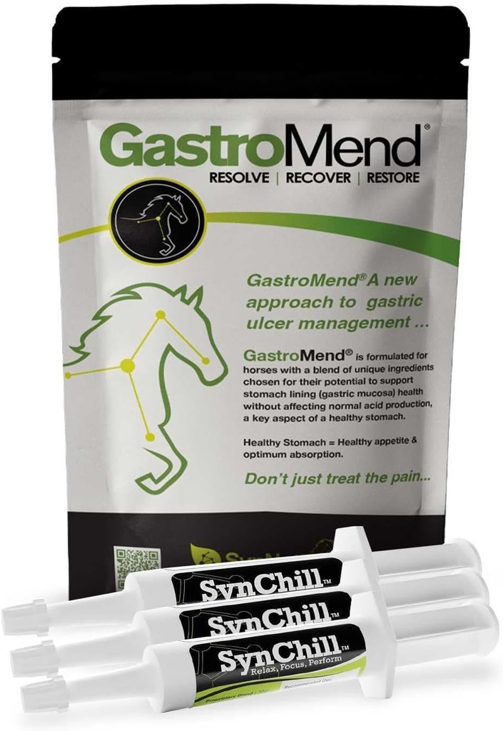 SynChill 3 Pack + Pacote GastroMend para Cavalos - Ampla Saúde do Estômago e Apoio Comportamental, Aids em alívio de úlcera gástrica, promove calma e foco, tudo natural, custo eficaz