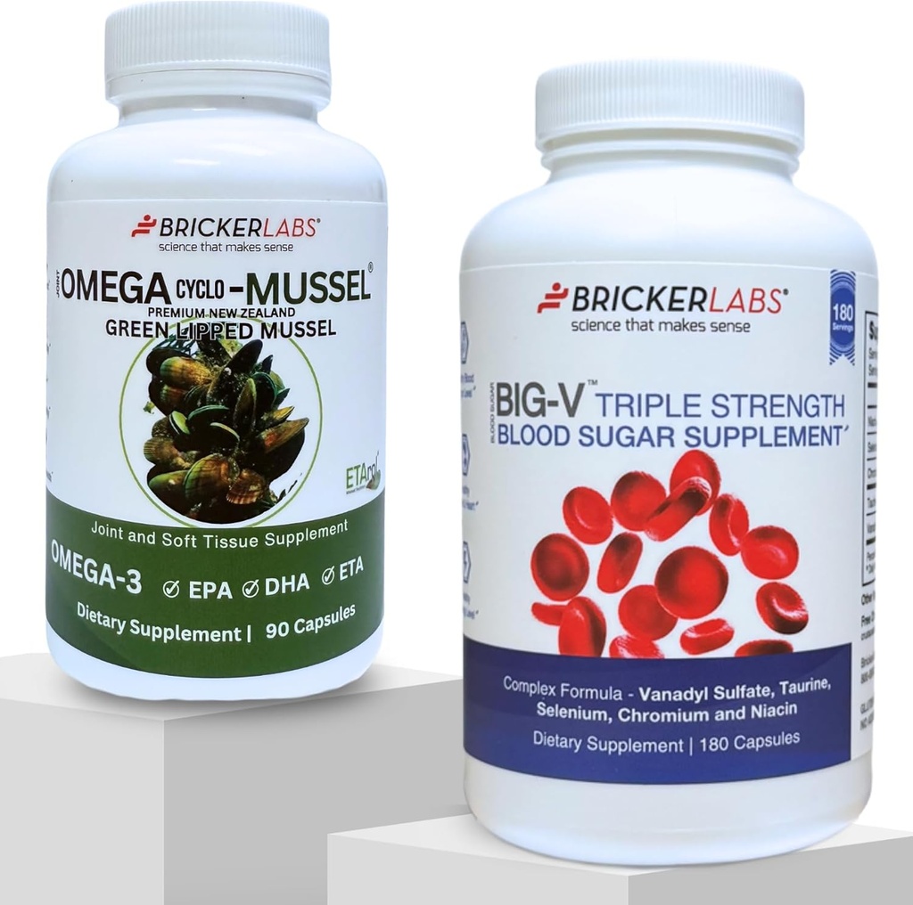 Bricker Labs Confort e equilíbrio conjunto de açúcar para a saúde conjunta Omega Cyclo Mexilhão + Big-V força tripla Vanadyl para o apoio de açúcar de sangue