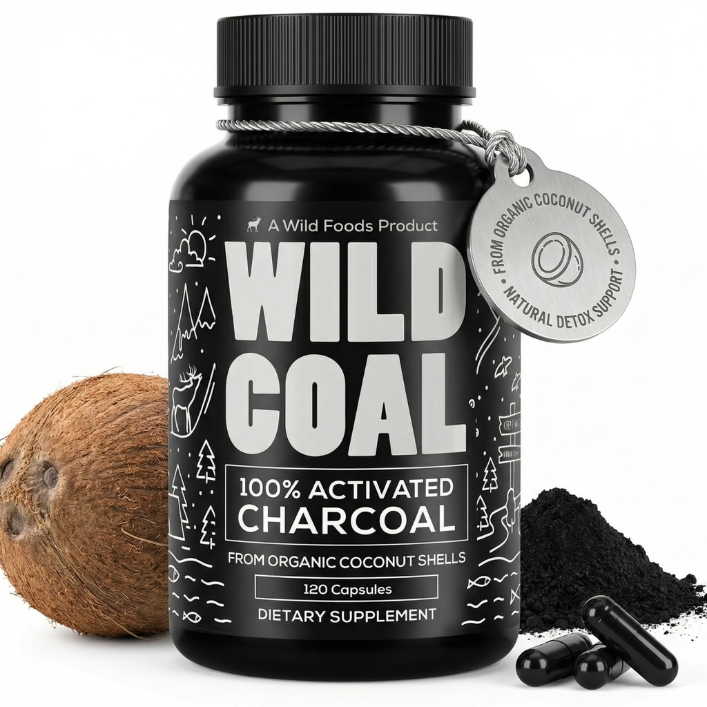 Alimentos Selvagens Cápsulas de carvão ativado 100% Organic Coconut Shells Active Tablets para Bloating & Hangover . Lab Tested & Non-GMO Detox Pills .
