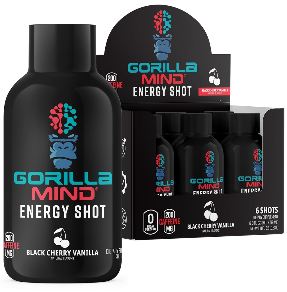 Gorilla Mente Energia Tiros (Pacote de 6) - Melhorado Foco & Energia, Livre de Açúcar, Agitação rápida, Fórmula potente com vitaminas e extratos naturais (Black Cherry Vanilla)