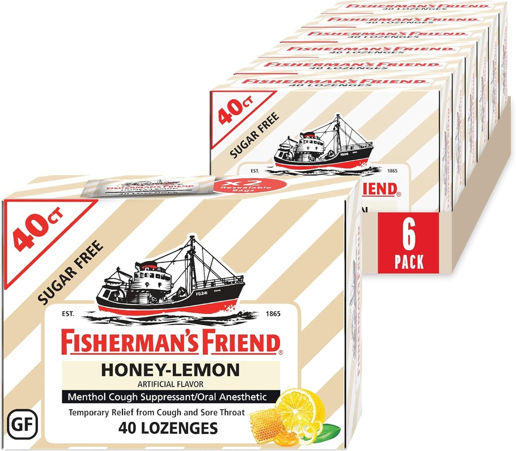 Amigo pescador Tosse Drops, Supressor de Tosse e Lozes de Garganta Dolorida, Açúcar Free Honey-Lemon, 5.52mg Mentol, 240 Drops (6 embalagens de 40)