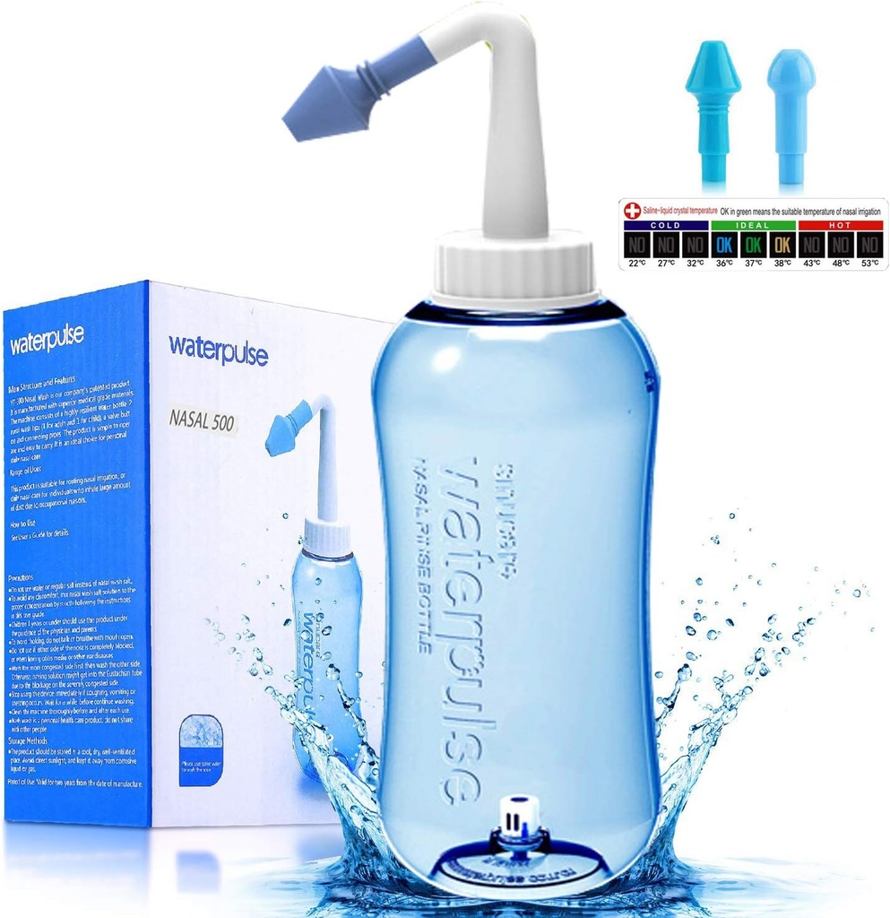 Darate Neti Pot Sinse Garrafa, lavagem de nariz limpador de pressão lavagem de irrigação nasal para adultos e crianças BPA livre com termômetro adesivo (500ML)