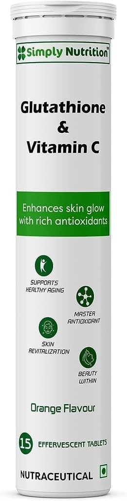 Glutationa com Vitamina C, para a pele saudável e jovem - Tom de pele uniforme para homens e mulheres. Açúcar sem sabor laranja, 15 Comprimidos Efervescentes (Pacote de 1)