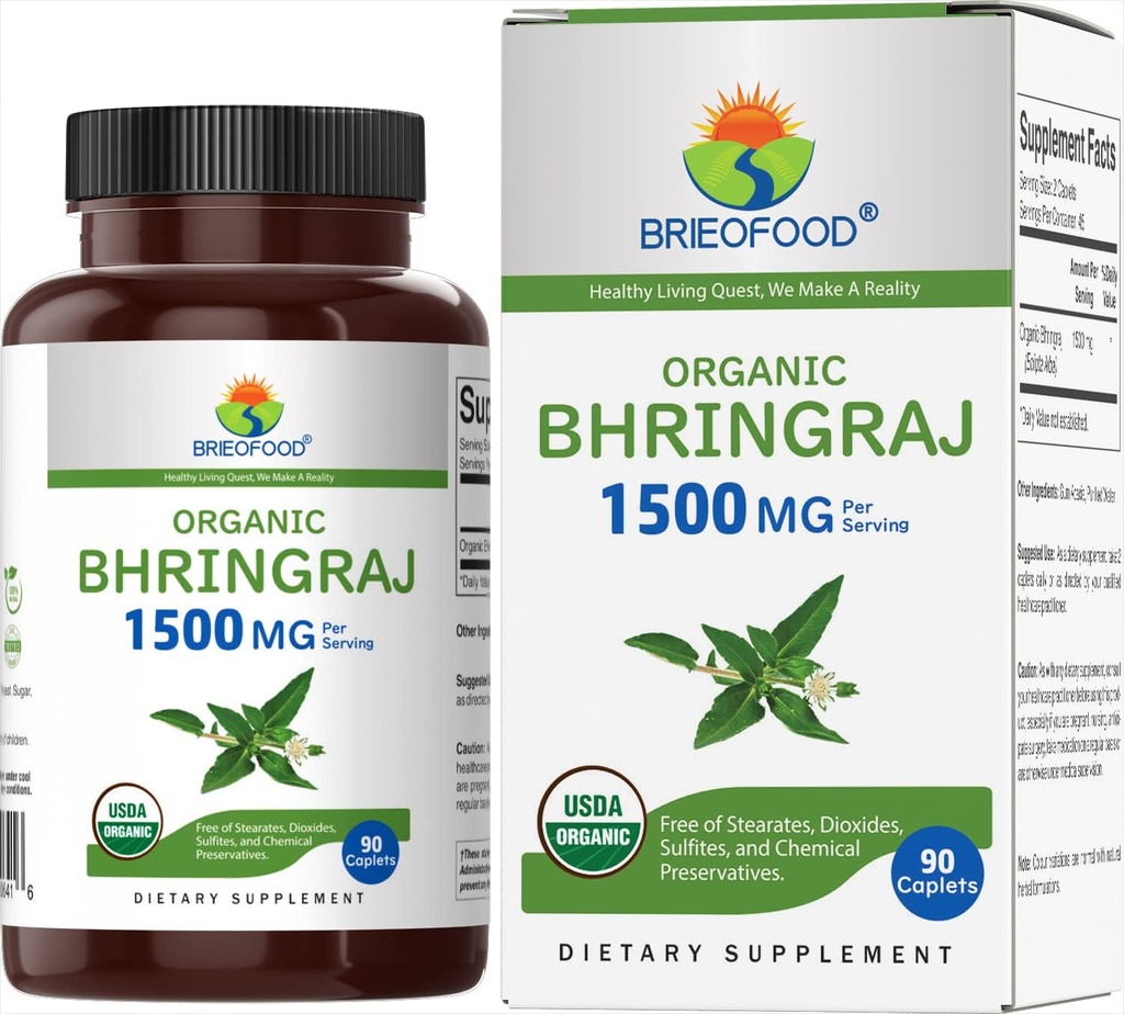 Brieofood Organic Bhringraj 1500mg, 45 Servings, Vegetarian, Gluten Free, 90 Comprimidos Vegetarianos