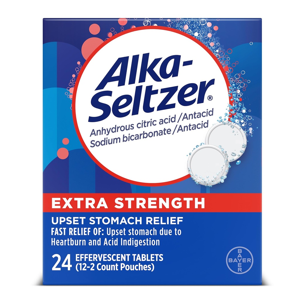 Alka-Seltzer alívio extra da azia alívio comprimidos antiácidos efervescentes, alívio da indigestão rápida, 24 Ct
