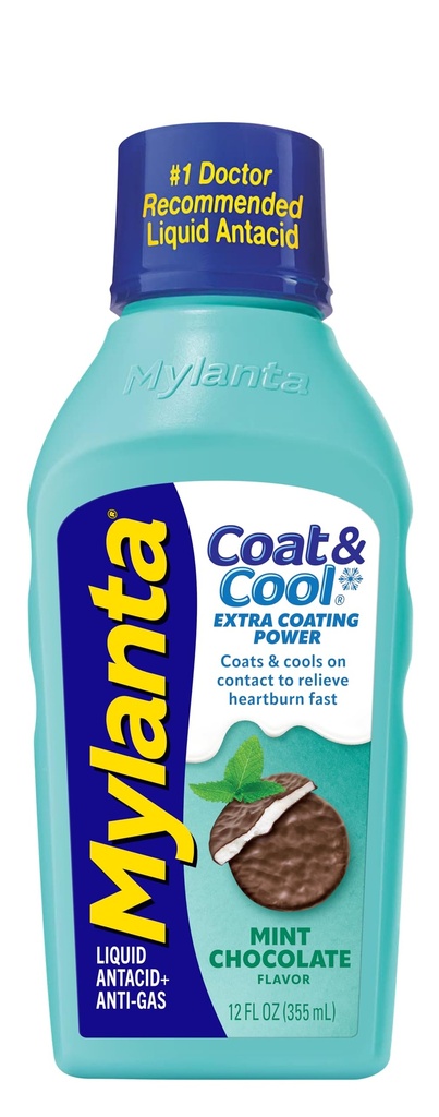 Mylanta Azia e alívio de gás, Antiácido Líquido, Revestimento e fórmula fresca, sabor de chocolate de hortelã, 12 Fl Oz