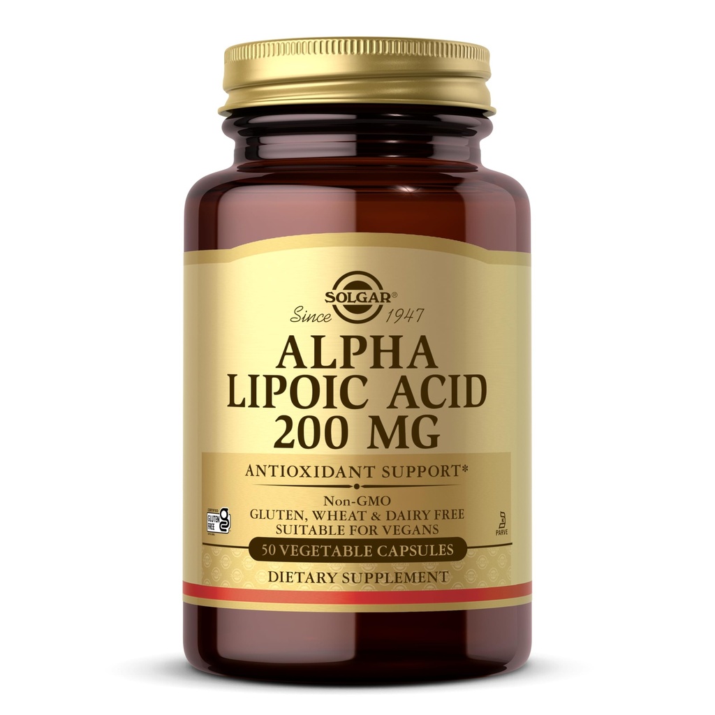 Solgar Alpha Lipoic Acid 200 mg, 50 Cápsulas Vegetais - Apoio Antioxidante - Ajuda a Reciclar Glutationa, Vitamina C & E, CoQ-10 - Não-GMO, Vegan, Glúten Livre, Leite Livre, Kosher - 50 Servings