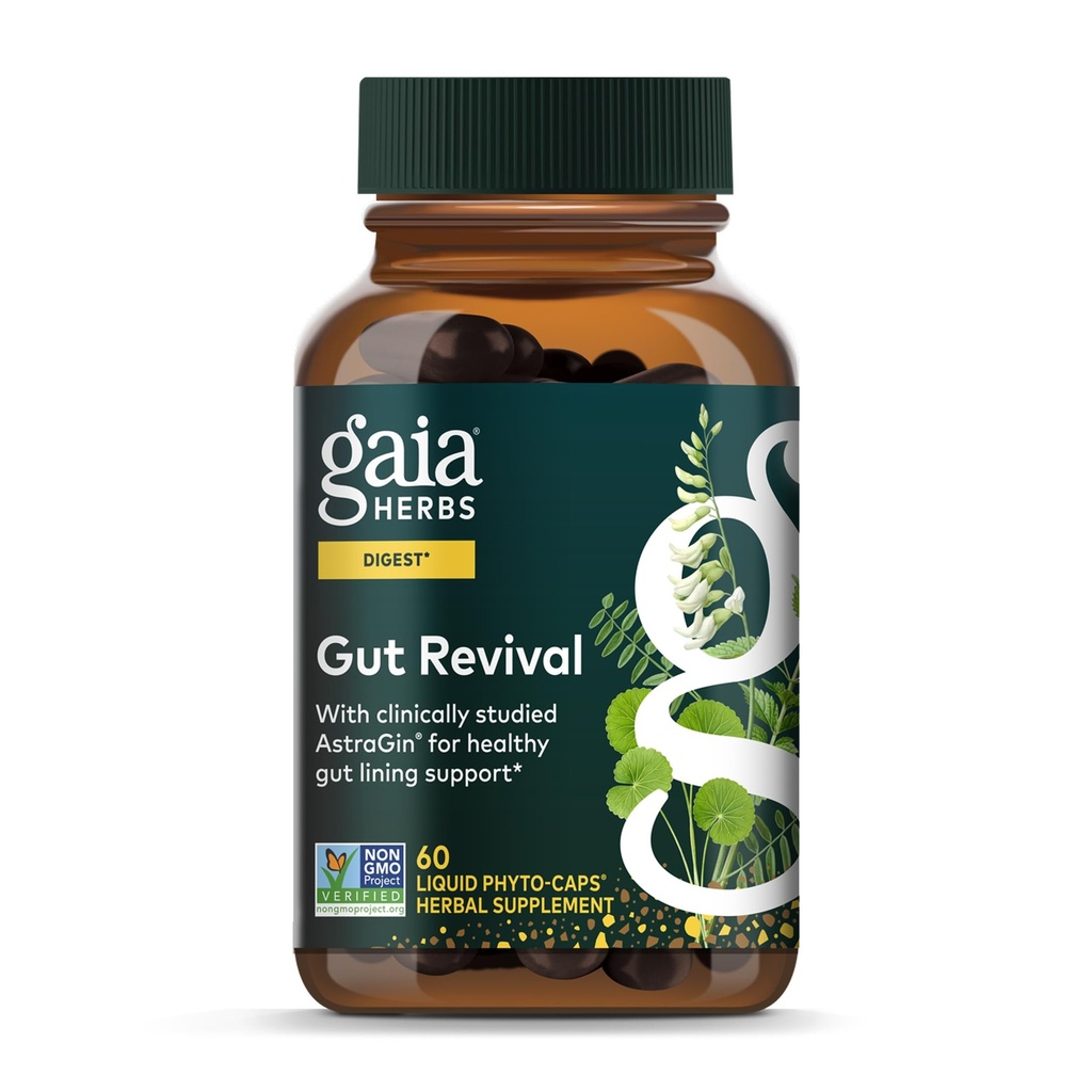 Gaia Herbs Gut Revival - Herbal Digestive Supplement to Support Gut Health - Made with Astragalus, Gotu Kola, Jujube & More - Livre de Dairy, Soy & Gluten - 60 Cápsulas Vegan (60 Servings)