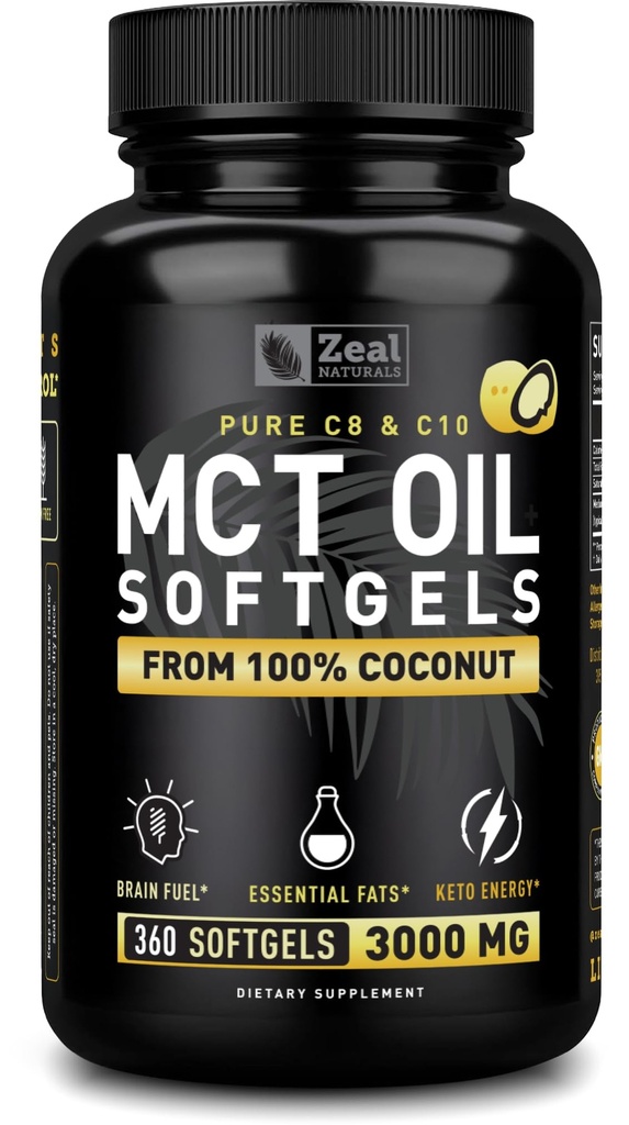 Pure MCT Oil Cápsulas (360 Softgels □ 3000mg) Fornecimento de 4 meses Pills Keto w Coco não refinado - C10 & C8 Brain Fuel, Energy, Octane Ketosis