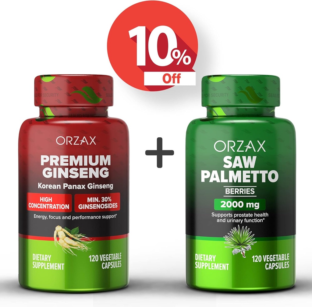 ORZAX Ginseng, 30% Ginsenosídeos 120 cápsulas Vegatable e Serra Palmetto 2000 mg 120 cápsulas vegetais, pacote