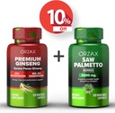ORZAX Ginseng, 30% Ginsenosídeos 120 cápsulas Vegatable e Serra Palmetto 2000 mg 120 cápsulas vegetais, pacote