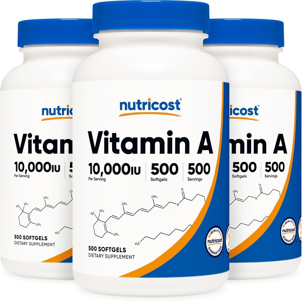 Nutricost Vitamina A 10.000 UI, 500 Softgels (3 frascos)