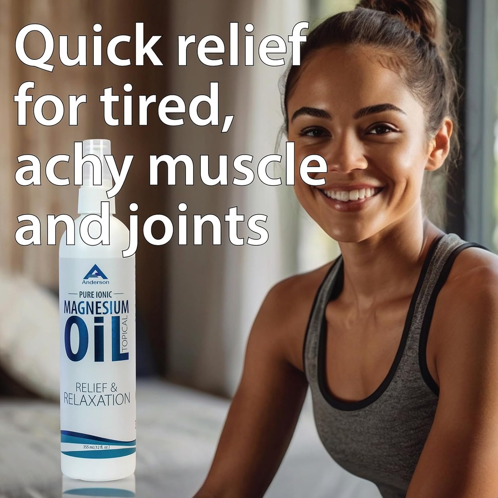 Anderson Magnesium Oil Spray para alívio e relaxação Garrafa de 12 onças □ Magnesium iônico tópico □ Promove relaxamento, alívio de Cães Músculos