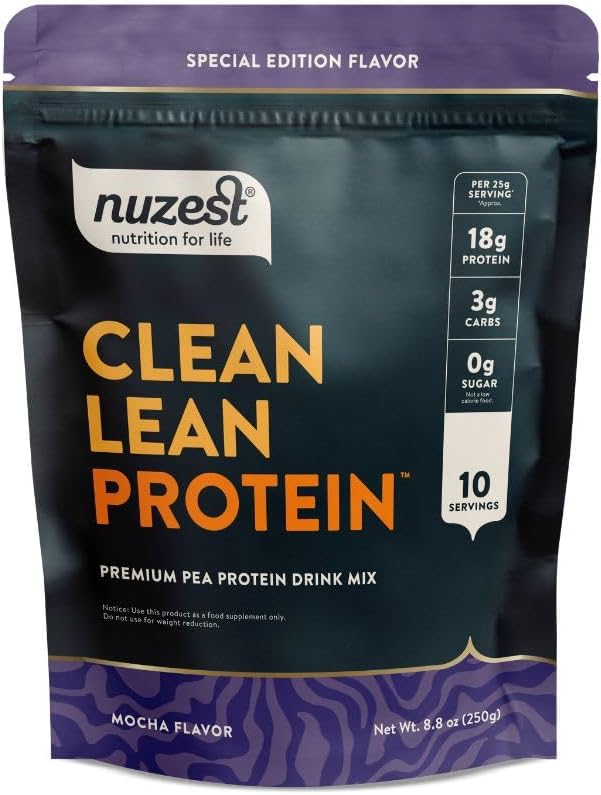 Nuzest - Pó de proteína de ervilha - Clean Lean Protein, Premium Vegan Planta Based Protein Powder, Dairy Free, Gluten Free, GMO Free Protein Shake, Mocha, 8.8 oz