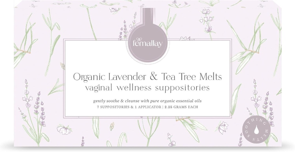 Lavanda Orgânica Femallay e Óleo de Tea Tree Supositórios de limpeza vaginal para higiene, 100% derretimento natural para cuidados femininos, ótimo para secura e mais, 7 Derretimentos individuais selados + 1 Aplicador