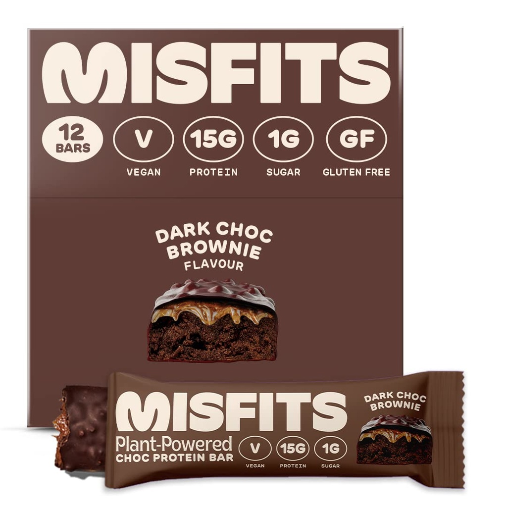 Misfits Vegan Protein Bars, Brownie Chocolate escuro - Receita original □ Gluten Free, Planta com base, Baixo açúcar e carboidrato, Lanches de alta fibra