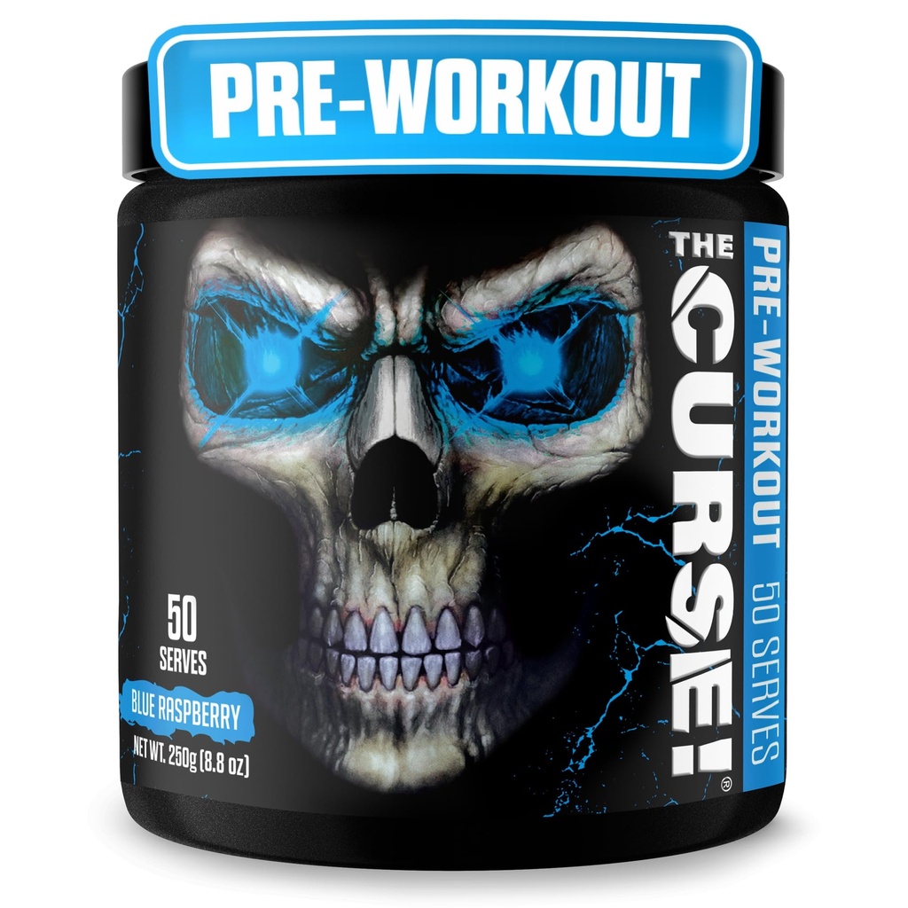JNX SPORTS A Maldição! Pré-treino em pó para homens e mulheres, cafeína, beta-alanina, creatina, L-citrulina, 50 Servings, sabor de framboesa azul – aumentar a energia, força e foco