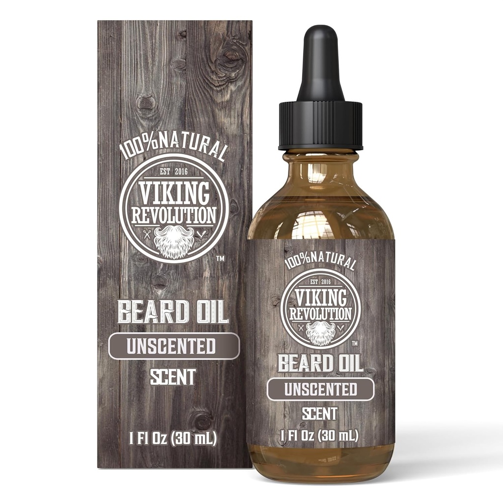 Viking Revolution Unscented Beard Oil for Men - Natural Mens Beard Oil with Argan Oil and Jojoba Oil - Beard Softener, Fortalece e Hidrata - Beard Conditioner for Men (Unscented, 1 Pack)