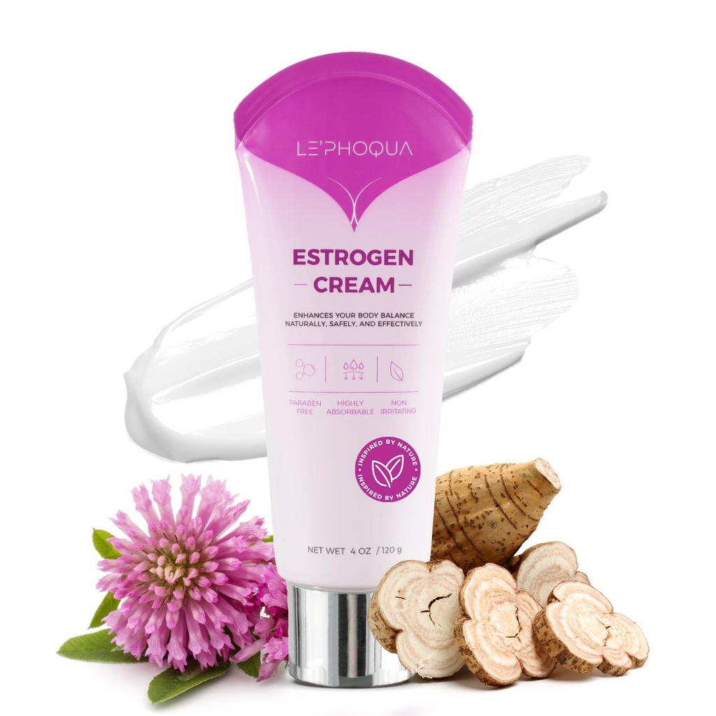 Creme de Estrogênio para Mulheres Relívio de Menopausa: Creme de Estrogênio Bioidêntico Natural para Equilíbrio de Hormônios, Flashes Quentes e Suporte de Menopausa - Creme de Fitoestrogênio Tópico para Face, Braços e Abdome - 4 Oz