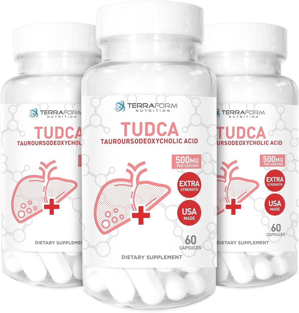(3 Embalagem) Terraform Pure TUDCA (Ácido Tauroursodeoxicólico) - 500mg por serviço - Suporte e Saúde do Fígado Puro - 60 Cápsulas