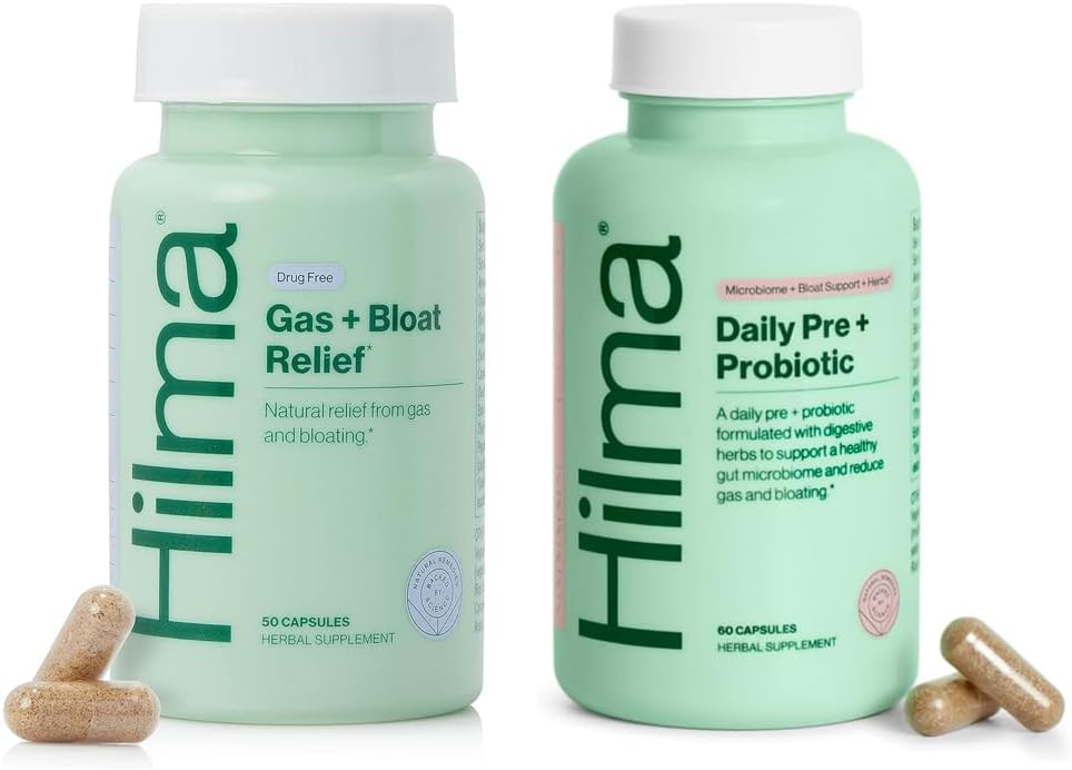 Hilma saudável Gut & Bloat Suporte Bundle - Gás & Bloat alívio (50 Cápsulas Vegan) com limão Balm, Funcho & Folha de hortelã + Pre & Probiótico diário com ervas (60 Cápsulas Vegan) para um Gut saudável