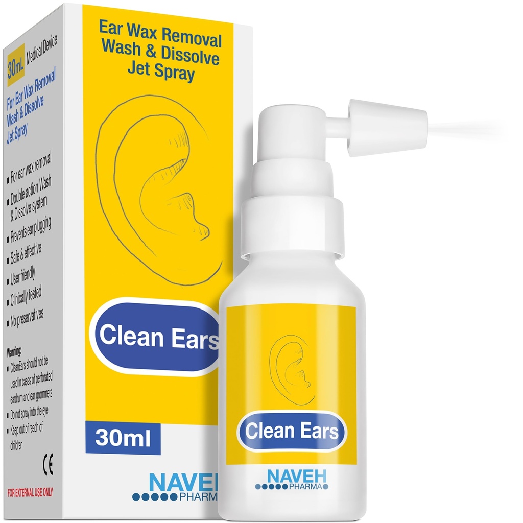 NAVEH PHARMA® CleanEars (Sprash de remoção rápida de cera de ouvido) quebra para baixo e dissolve cera de ouvido em apenas 1 tratamento (Clinicamente provado para ser 300% mais eficaz W / óleo mineral)