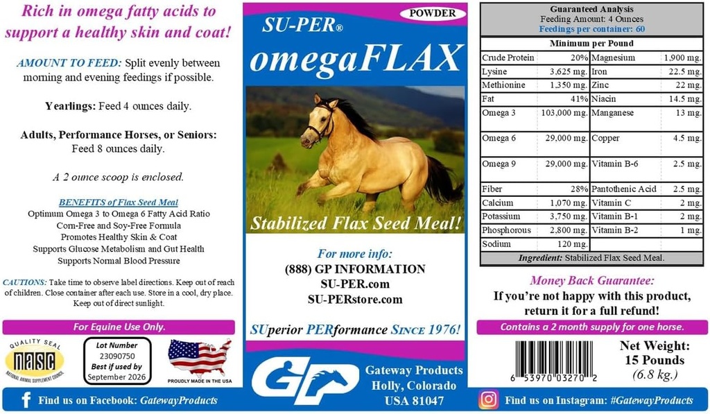 SU-PER OmegaFLAX Linho para cavalos - Premium Flax Seed Meal & Omega 3 Suplemento - Suporta pele saudável & casaco - 15 libras