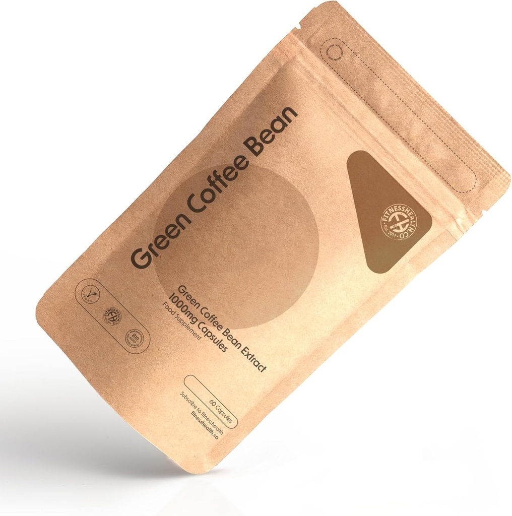 Fitness Health Green Coffee Bean Cápsulas 1000MG (60 Cápsulas) - Picked and Unrousted Green Coffee Bean Extract - Greens Suplemento de café - Cápsula de café verde de alta resistência
