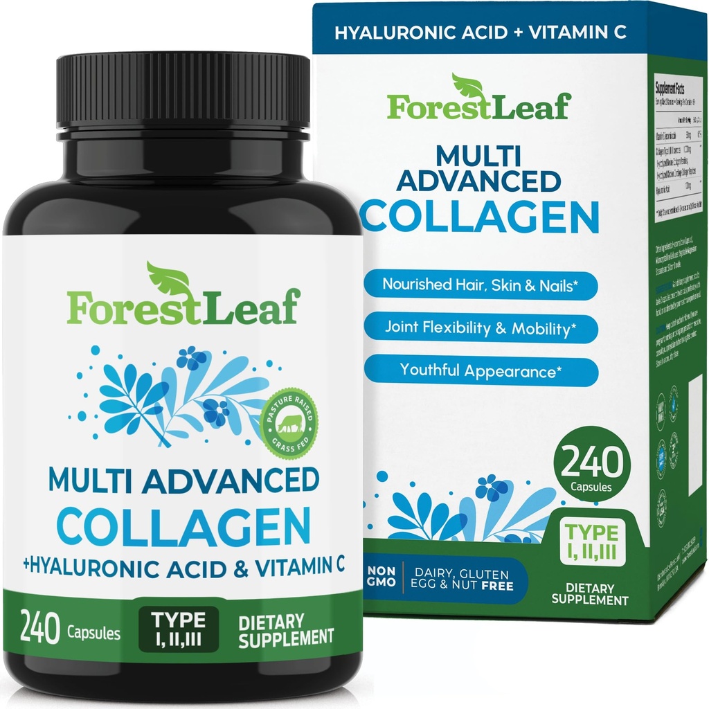 ForestLeaf Multi Collagen Pills - Colágeno Homens & Colágeno Mulheres - Suplementos de Colágeno Hidrolisado com Vitamina C & Ácido Hialurônico - Cápsulas de Colágeno para Cabelo, Pele e unhas (240 Cápsulas de Peptídeo)
