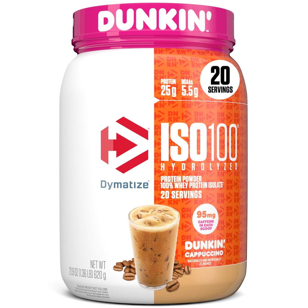 Dymatize x Dunkin' Cappuccino ISO100 Whey Protein Powder, 95mg Cafeína, 25g de proteína5.5g BCAAs, 120 Cal., Glúten Livre, 1g de gordura, 1g de açúcar, 2g de carboidratos (20 Servões)