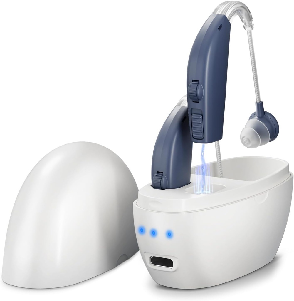 Aparelhos auditivos recarregáveis (Pair), amplificador auditivo para idosos e adultos, OTC Behind-The-Ear BTE Hearing Aid, amplificação digital de som pessoal PSAP, controle de volume e cancelamento de ruído