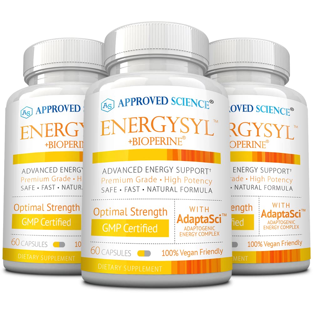 Ciência aprovada Energysyl - Cafeína Livre - com Adaptogens, B Vitaminas, e Bioperine - 3 Mês de Abastecimento - 180 Cápsulas