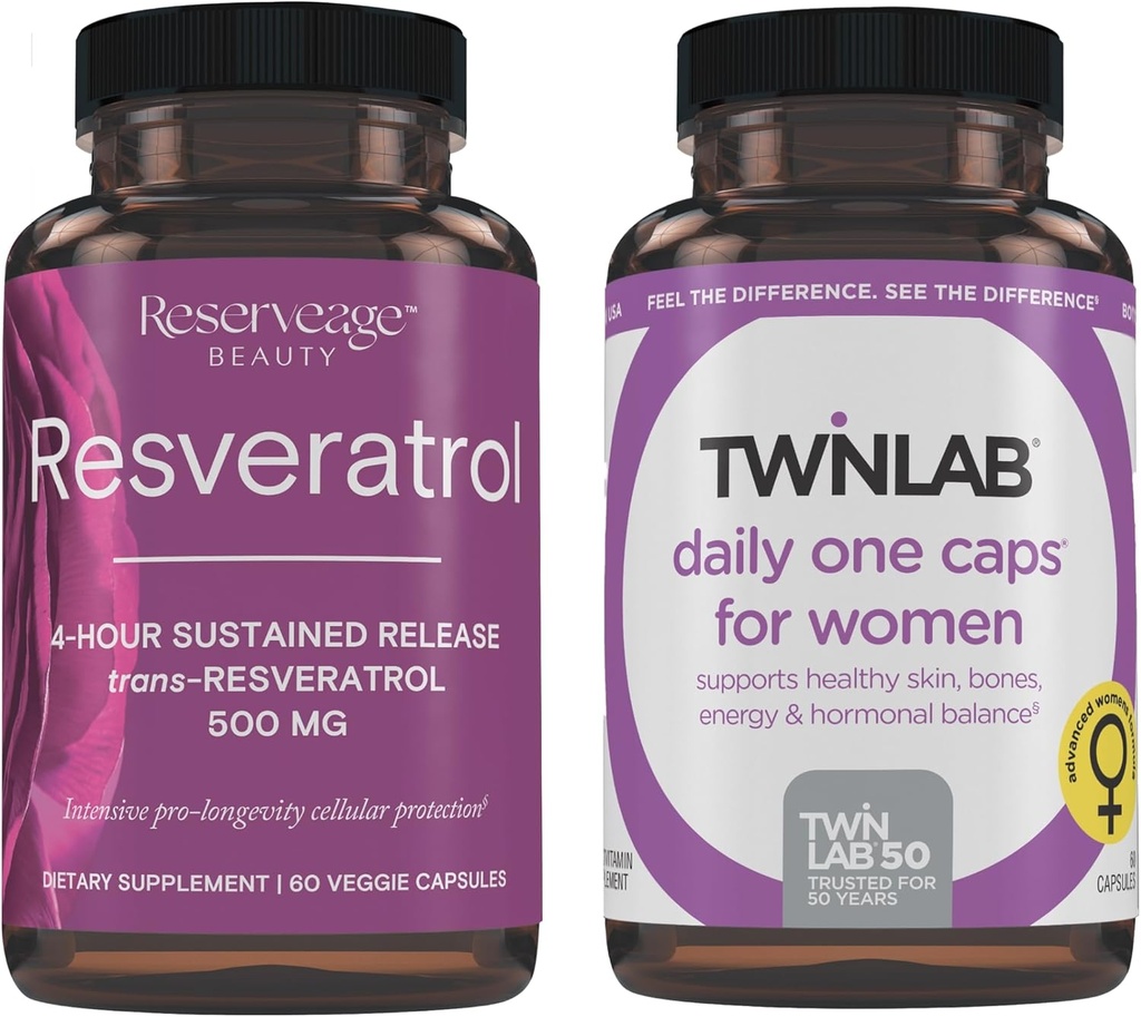 Reservage Beauty Resveratrol 500 mg - Sustented-Release Trans-Resveratrol - Vegan Suplemento Antioxidante para Cérebro & Saúde do Coração 60 Cápsulas & Twinlab TWL Women's Daily One 60 ct