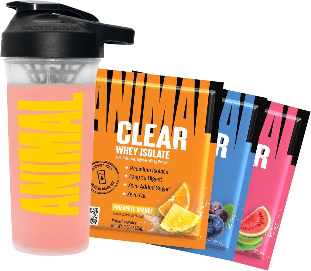 Animal Clear Whey Protein Isolate Sampler Pack & Shaker Garrafa - Delicioso Juicy 20g Protein, Melancia Limeade, Blueberry Acai, Abacaxi Laranja, 3 pacotes de serviço único