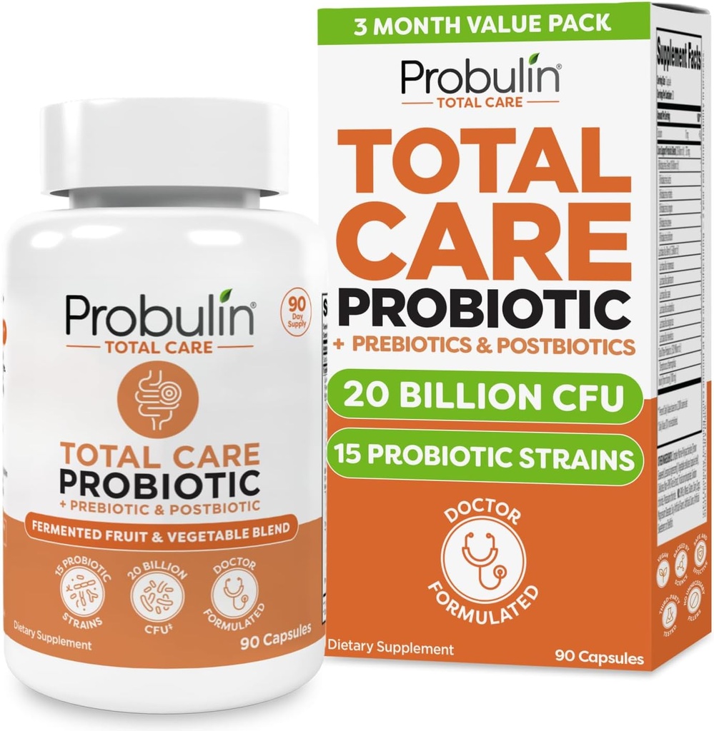Probulina Total Cuidado Suplemento Probiótico, Gaivota Diária, Digestivo, e Imune Saúde Probióticos Cápsulas para homens e mulheres, 20 bilhões UFC, Vegan, 90 Contar garrafa