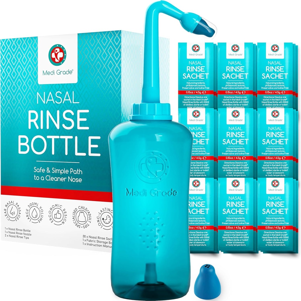 Garrafa de Lavagem de Sino de Grau Medi, 500ml com 30 pacotes de Lavagem de Sino - Sistema de Irrigação Nasal Completo - Limpador de Nariz Neti Pot - Kit de Lavagem Nasal para Casa ou Viagem - 2 Dicas de Lavagem Nasal e Saco de Armazenamento