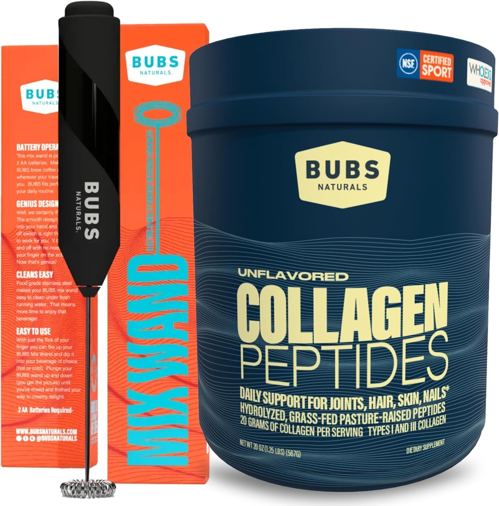 BUBS Naturals Collagen Peptides Pó e mistura de varinha, Colágeno para Mulheres e Homens, Peptídeos hidrolisados, Pastura sem sabor Feita de grama levantada, Keto Friendly, 20 oz Tub Colágeno (28 Servões) +1 Varinha