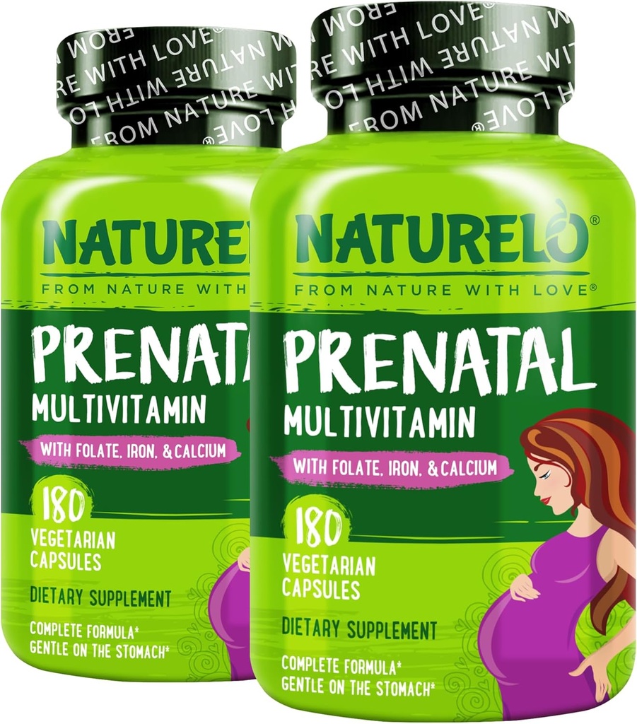 NATURELO Multivitamin pré-natal com ferro quelatado gentil, folato de metilo, planta de cálcio e colina - Vegan, Vegetariano - Não-GMO - Glúten Grátis - 180 Cápsulas - Fornecimento de 4 meses (Pacote de 2)