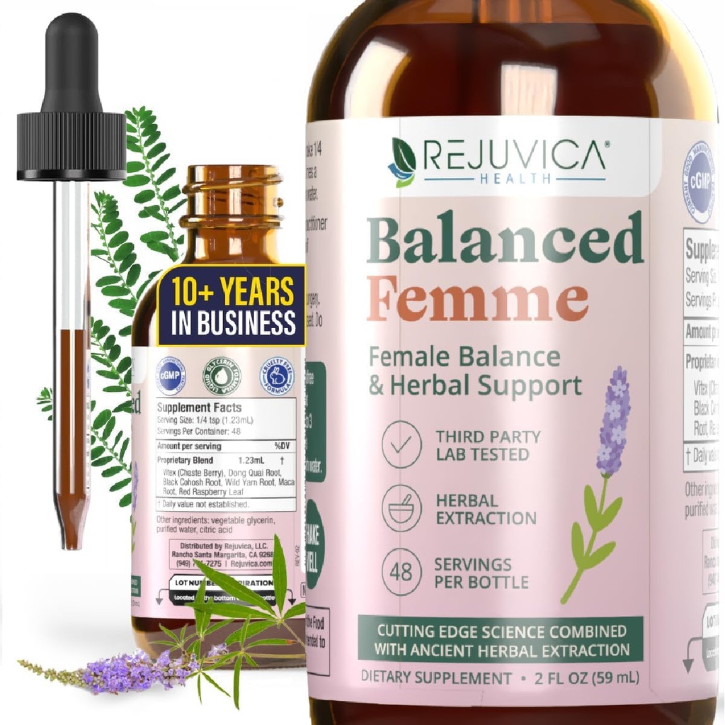 Rejuvica Health Balanced Femme - Suplemento de apoio ao equilíbrio feminino avançado - Entrega líquida para melhor absorção - Vitex, Dong Quai, Black Cohosh, Maca Wild Yam & More!