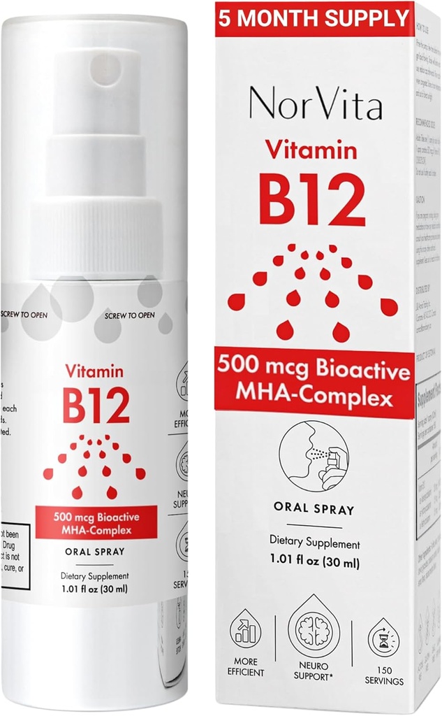 Vitamina B12 Spray 500 mcg (150 Servões) - Complexo MHA de Absorção Rápida (Metilcobalamina, Hidroxicobalamina, Adenosilcobalamina) - Vegan, Não-GMO, Líquido B12 Suplemento