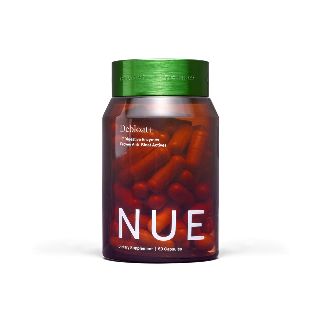 O Nue Co. DEBLOAT+ Suplemento, Bloating, Acalma gás e dor abdominal, Suporte de imunidade, Melhora a saúde gut, Vegan, Glúten grátis, 60 Cápsulas