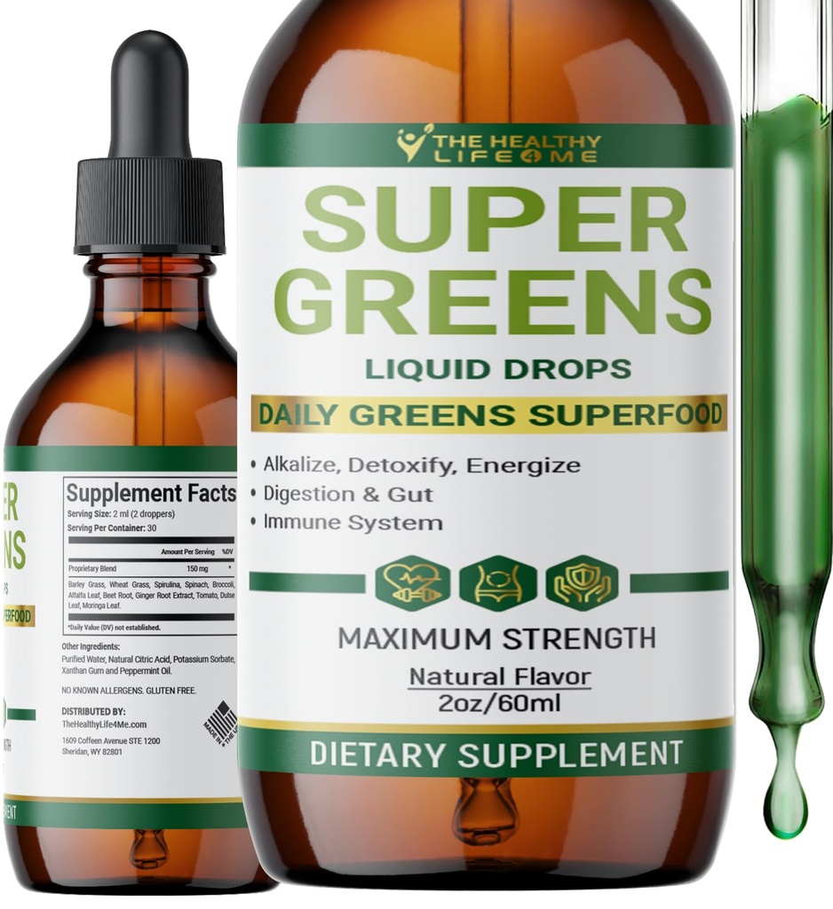 Líquido Super Greens Drops . Poderosos antioxidantes . Apoio imunológico . Saúde Digestiva . Flavor de hortelã .