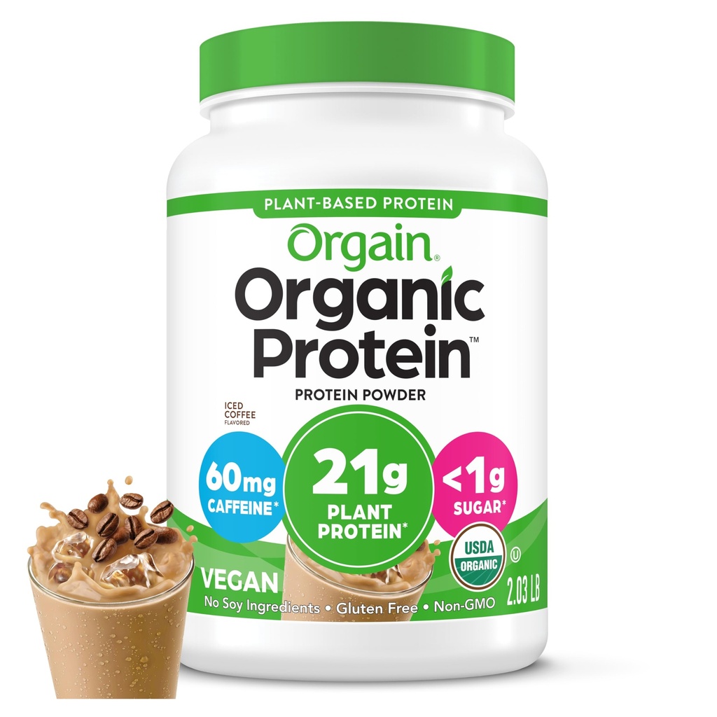 Orgain Organic Vegan Protein Powder, Iced Coffee - 21g Proteína vegetal, 60mg de cafeína, Low Net Carb, No Lactose Ingredients, No Added Sugar, Non-GMO, For Shakes & Smoothies, 2.03 lb